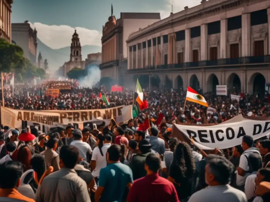 Un grupo de ciudadanos mexicanos protestando en las calles contra la represión durante el régimen de Porfirio Díaz