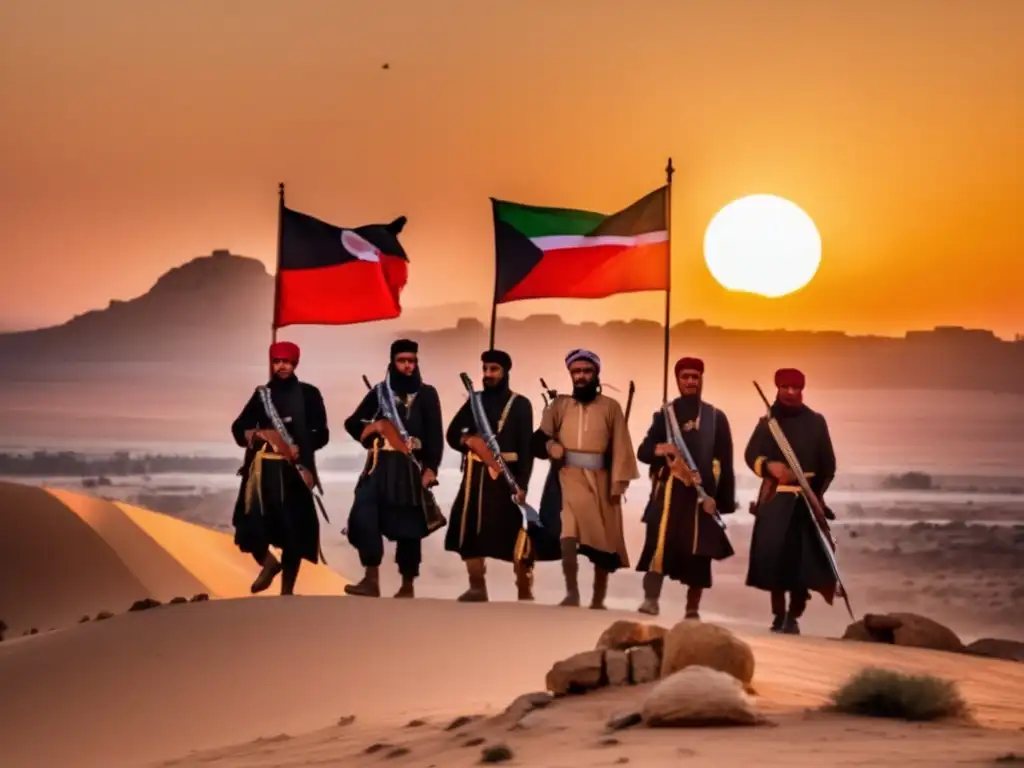 Un grupo de combatientes libios en un montículo rocoso en el desierto al atardecer, con el sol dorado iluminando el paisaje