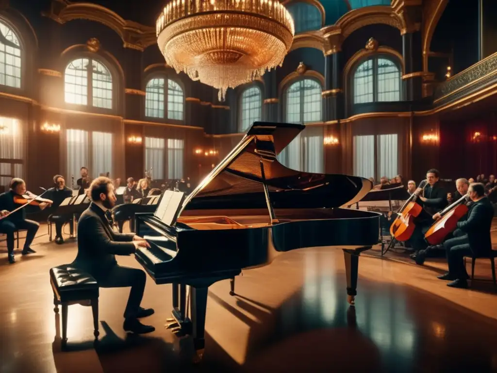 Un grupo de compositores rusos se reúne en un majestuoso salón de música, discutiendo y creando bandas sonoras revolucionarias