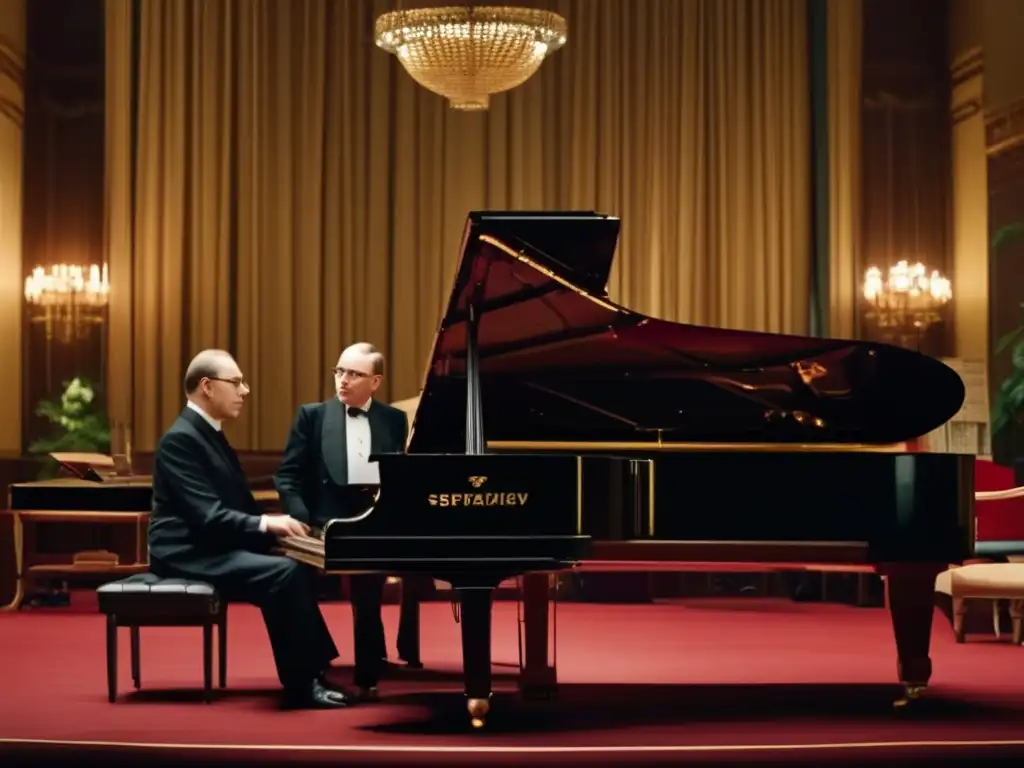 Un grupo de compositores rusos se reúnen alrededor de un piano en una habitación lujosa, iluminada por velas