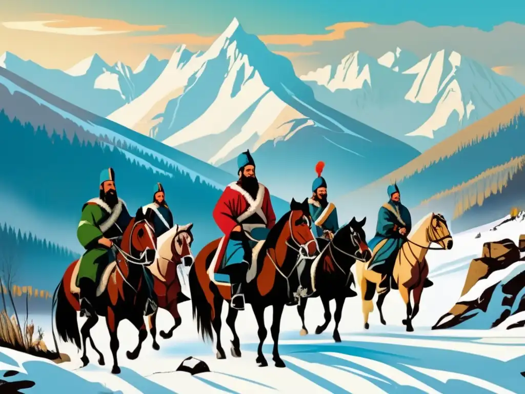 Un grupo de cosacos rusos, liderados por Yermak Timoféyevich, cabalgan por el terreno accidentado de Siberia