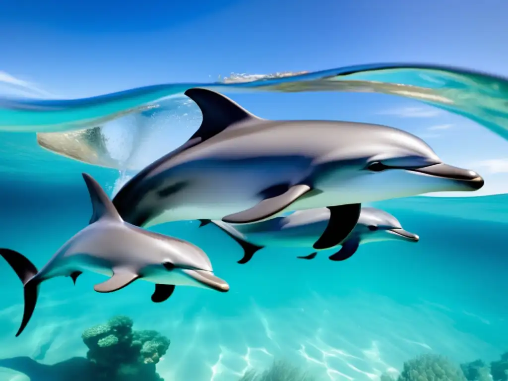Un grupo de delfines nadando con gracia en aguas cristalinas, comunicándose con clics y silbidos