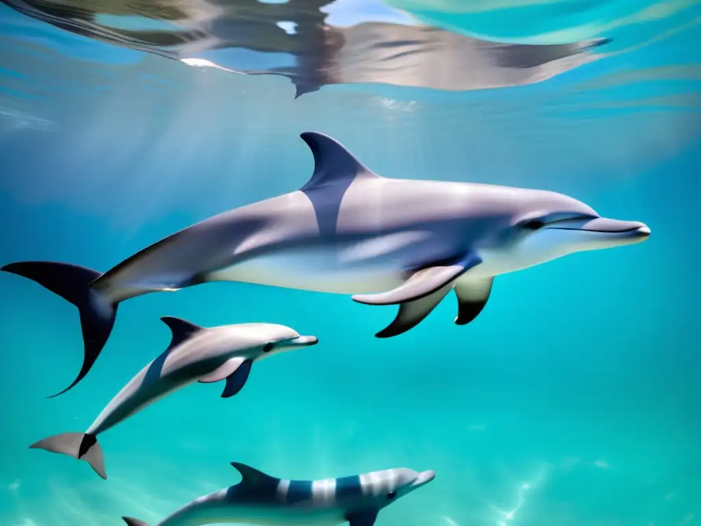 Un grupo de delfines nariz de botella nadando graciosamente en aguas turquesa cristalinas, suaves cuerpos cortando las olas mientras el sol filtra desde la superficie, creando un patrón hipnotizante en el fondo del océano
