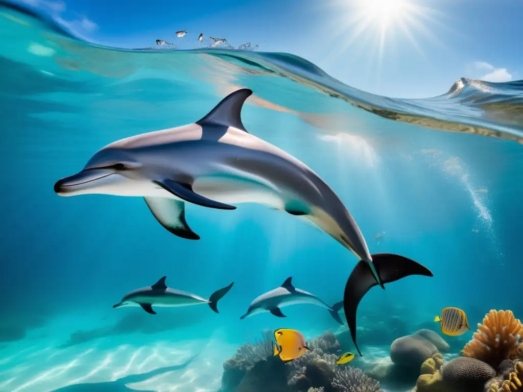 Un grupo de delfines nariz de botella nadando graciosamente en aguas cristalinas y turquesa, mientras el sol captura el rocío de sus saltos juguetones