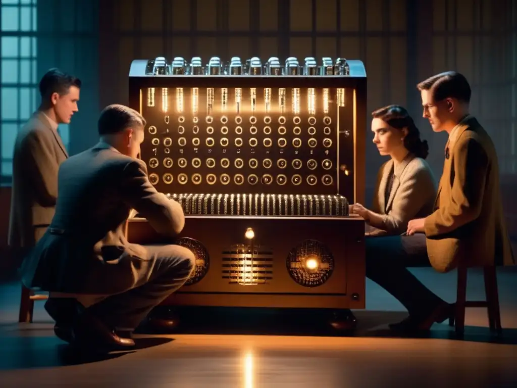 Un grupo de descifradores de códigos se reúne en torno a una compleja máquina Enigma en una habitación tenue