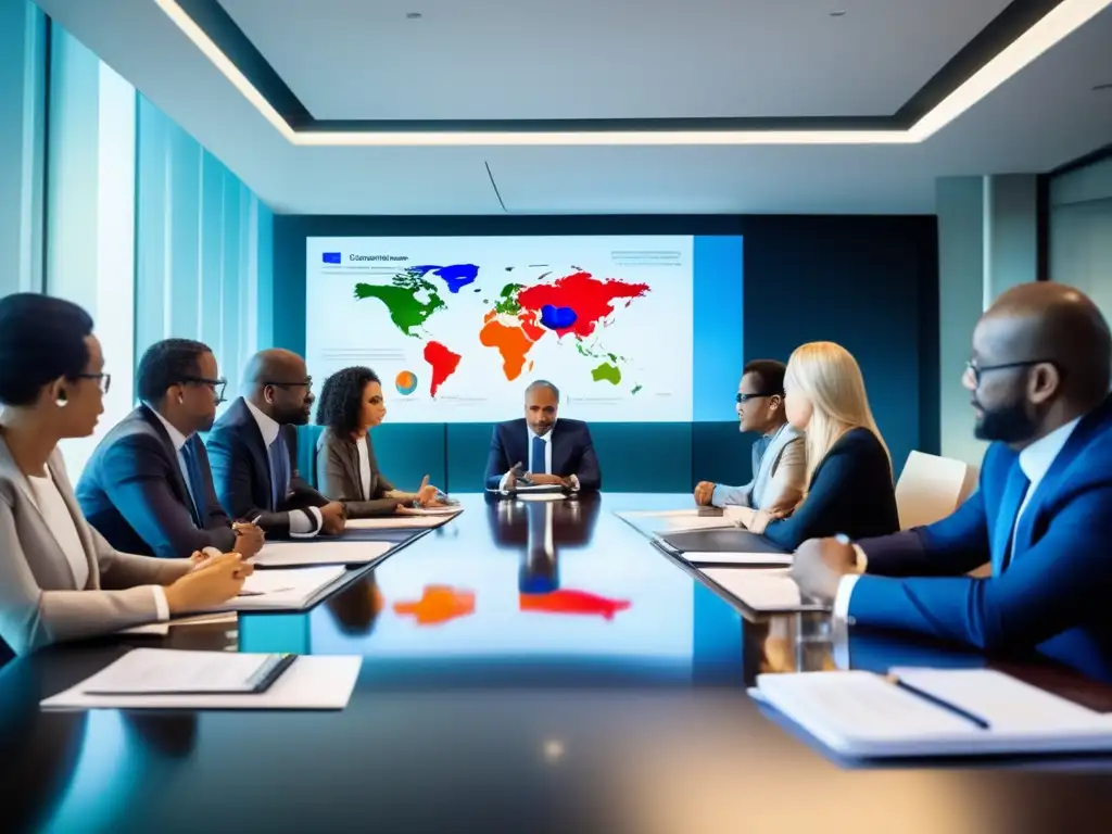 Diplomáticos de diferentes países negocian en sala moderna- Un grupo de diplomáticos de diferentes países negociando en una sala de reuniones moderna