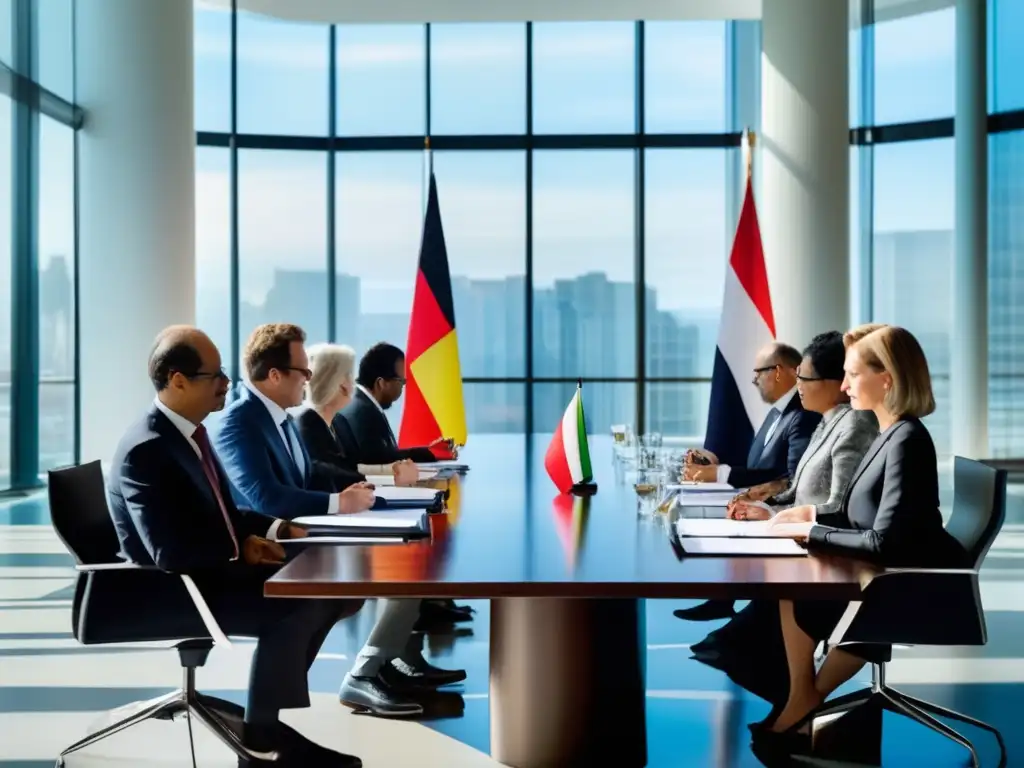 Intensas negociaciones diplomáticas en sala de conferencias moderna Un grupo de diplomáticos de varios países negocian tratados internacionales en una sala elegante y luminosa