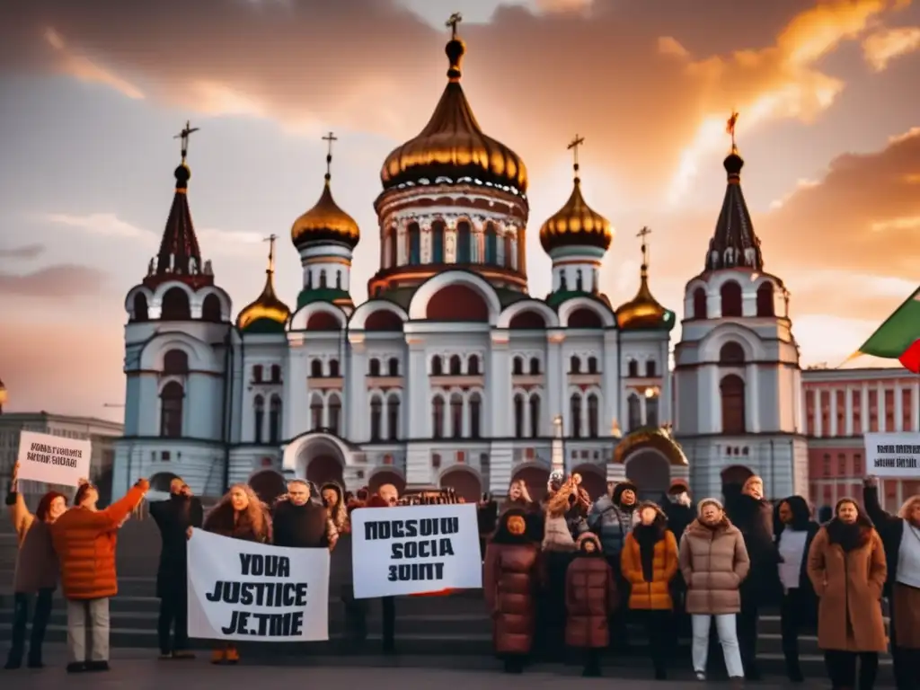 Un grupo diverso de activistas frente a un edificio gubernamental en Rusia, sosteniendo pancartas por la justicia social