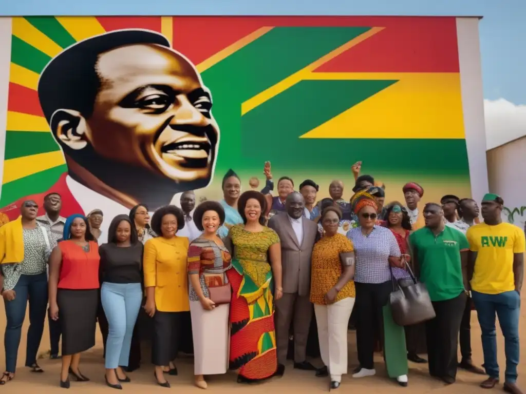 Un grupo diverso de activistas se unen frente a un mural vibrante que representa la Filosofía PanAfricanista de Kwame Nkrumah