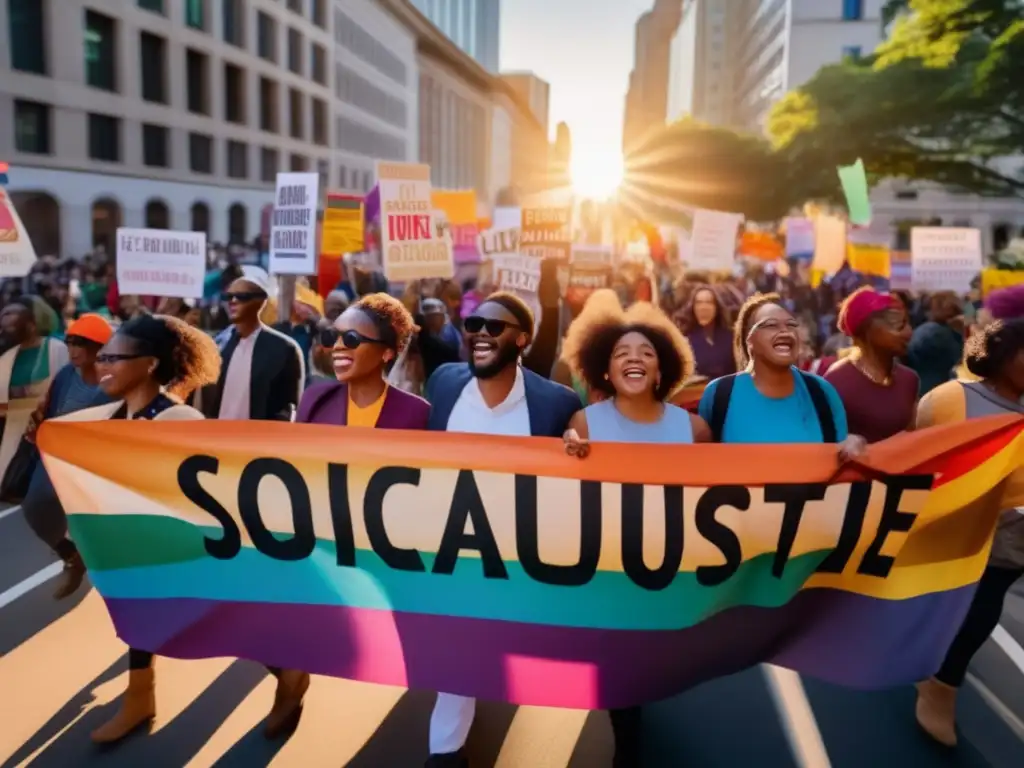 Un grupo diverso de activistas marcha con pancartas por la justicia social, en un ambiente vibrante y determinado