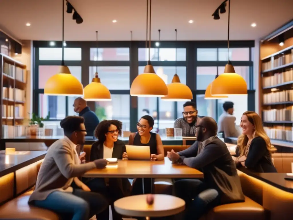 Un grupo diverso disfruta de una animada discusión en una cafetería moderna y bien iluminada