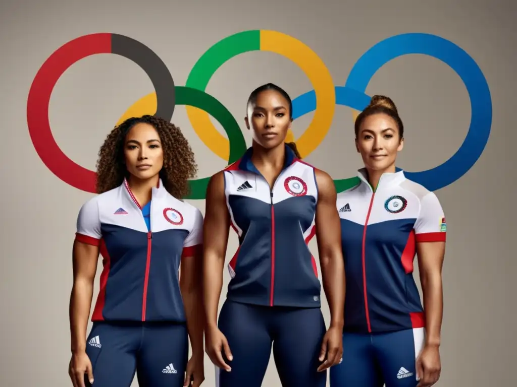 Un grupo diverso de atletas olímpicos destaca su fuerza y determinación, con los icónicos anillos olímpicos de fondo