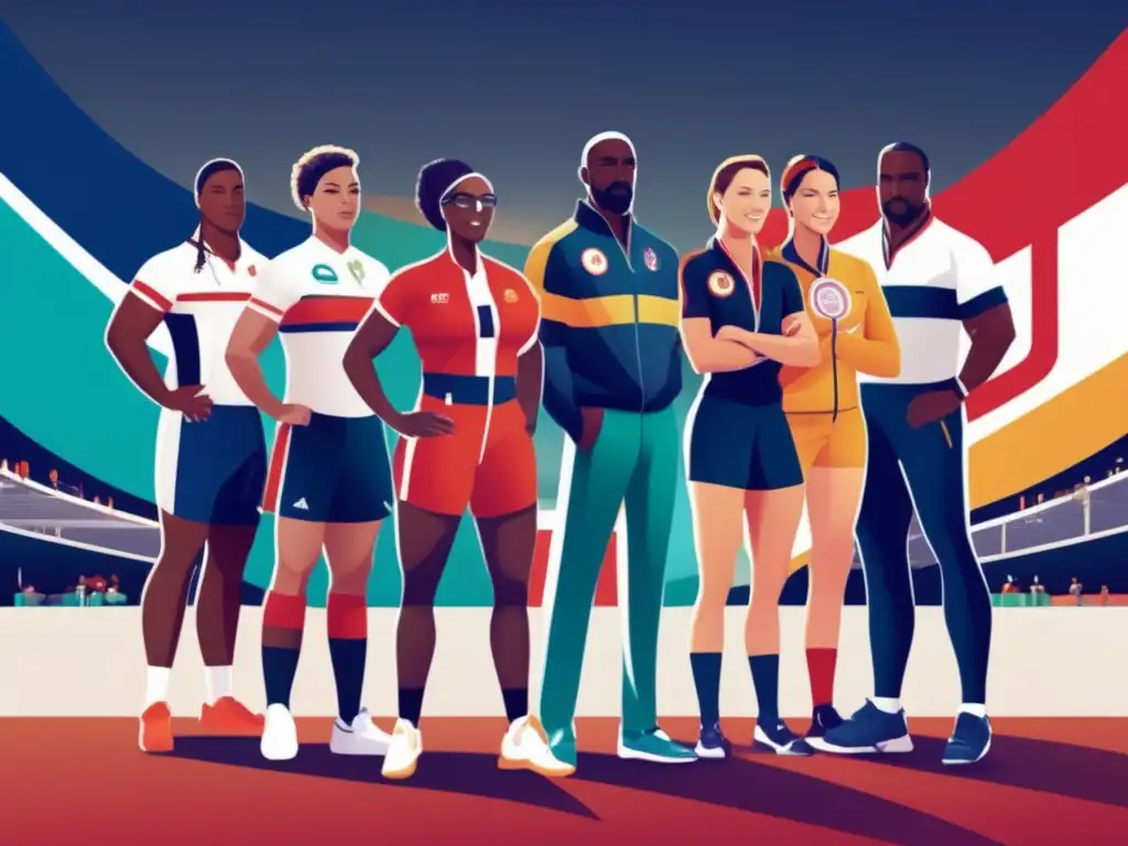 Un grupo diverso de atletas olímpicos de diferentes épocas y disciplinas se unen en una pose poderosa y unificada