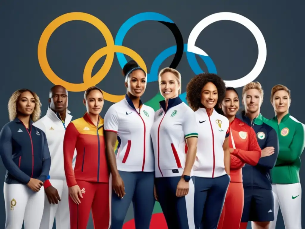Un grupo diverso de atletas olímpicos destacados, con los anillos olímpicos al fondo