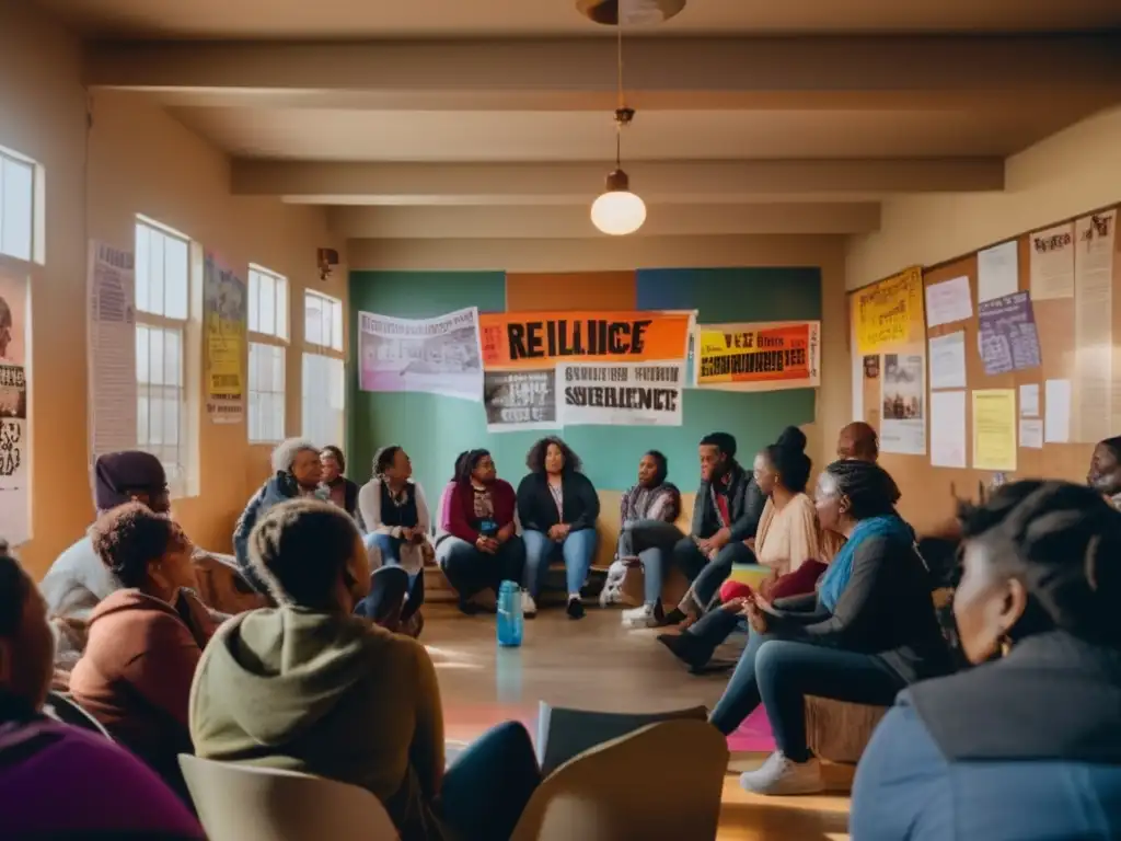 Un grupo diverso se reúne en un centro comunitario decadente para debatir, rodeados de carteles de justicia social
