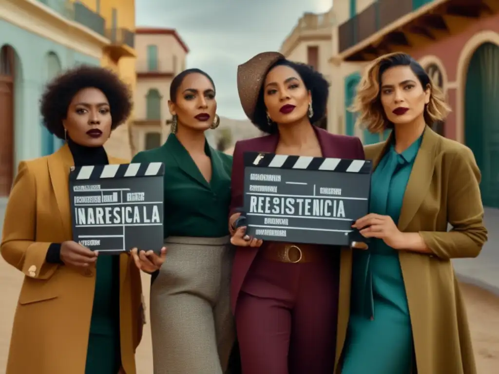 Un grupo diverso de cineastas femeninas se reúnen en un set de filmación, sosteniendo claqueta con 'Narradoras de la Resistencia'