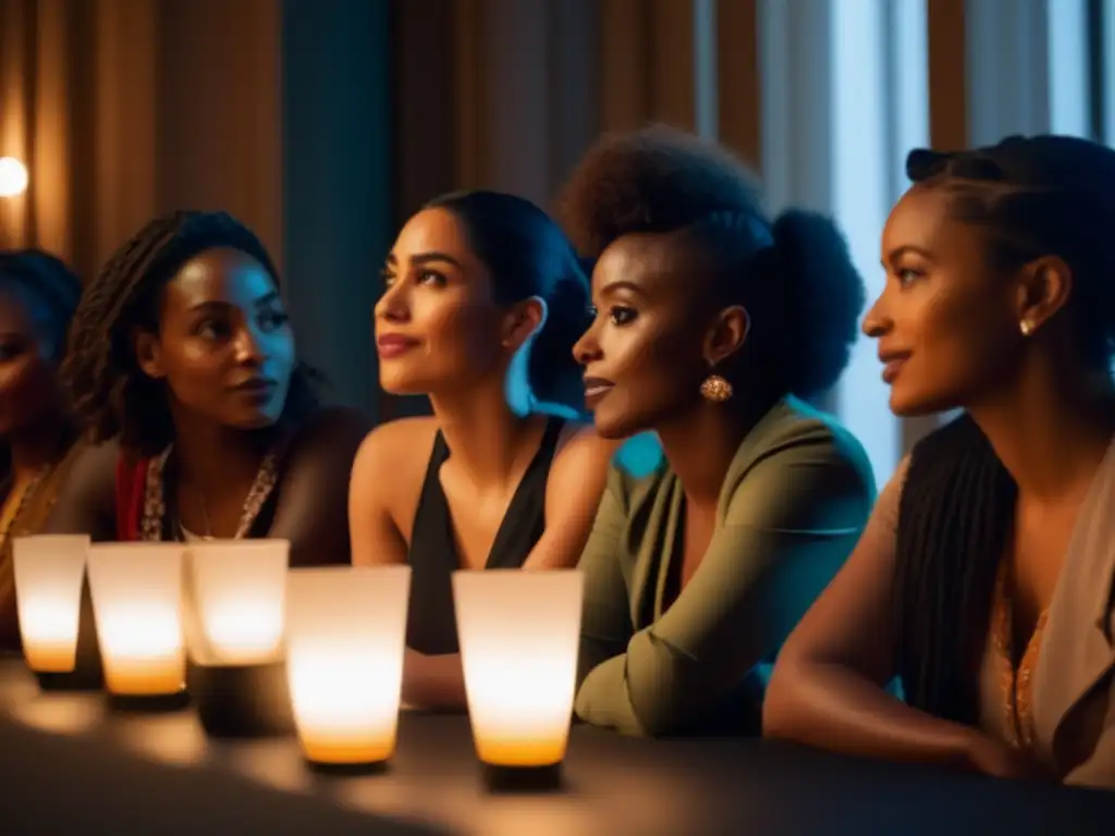 Un grupo diverso de cineastas femeninas se reúnen en una habitación iluminada, inmersas en una conversación profunda
