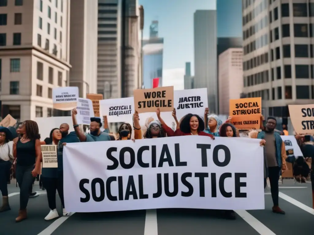 Un grupo diverso protesta pacíficamente en la ciudad, con carteles por la justicia social