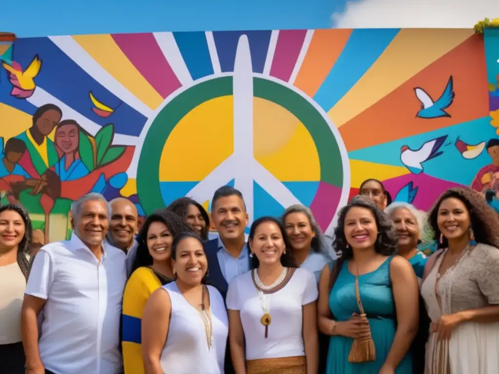 Un grupo diverso de ciudadanos colombianos se reúnen frente a un vibrante mural que representa escenas de paz y unidad