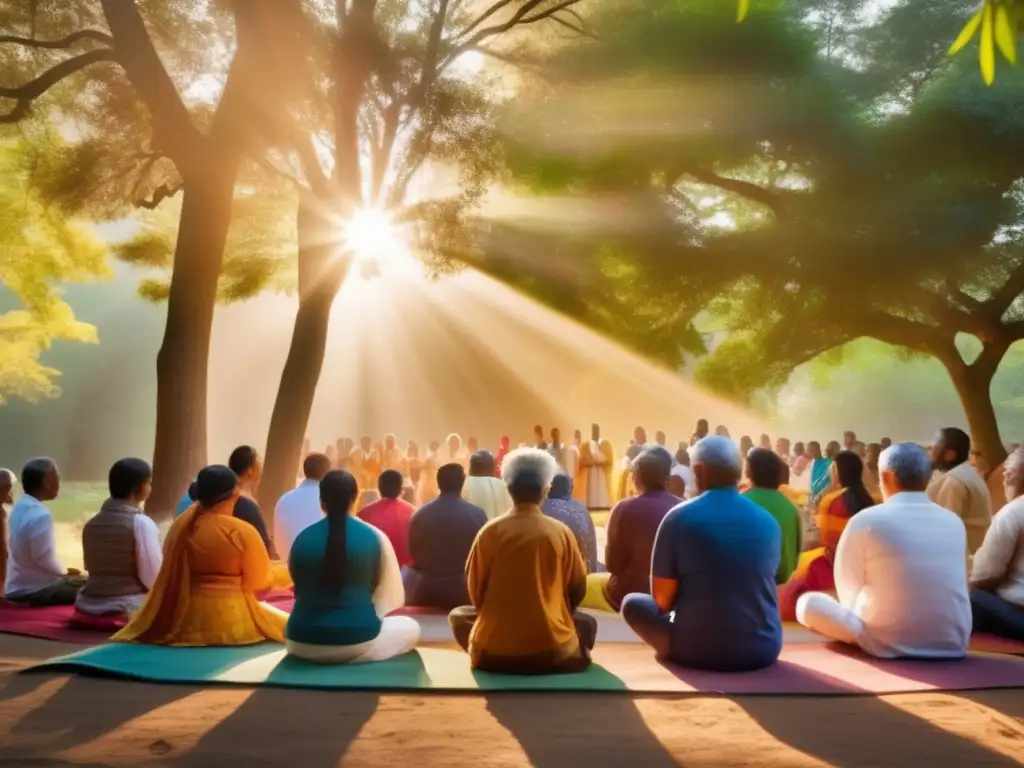 Devotos en armonía: oración colectiva de fe en Sai Baba de Shirdi Un grupo diverso de devotos se reúne en armonía para orar o meditar, mostrando la enseñanza de Sai Baba de Shirdi