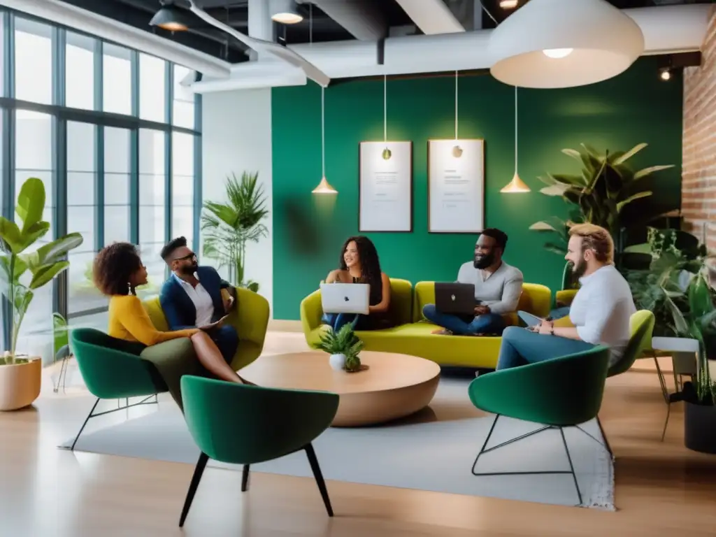 Un grupo diverso de emprendedores colaborando en un espacio de coworking moderno, con una atmósfera dinámica e innovadora