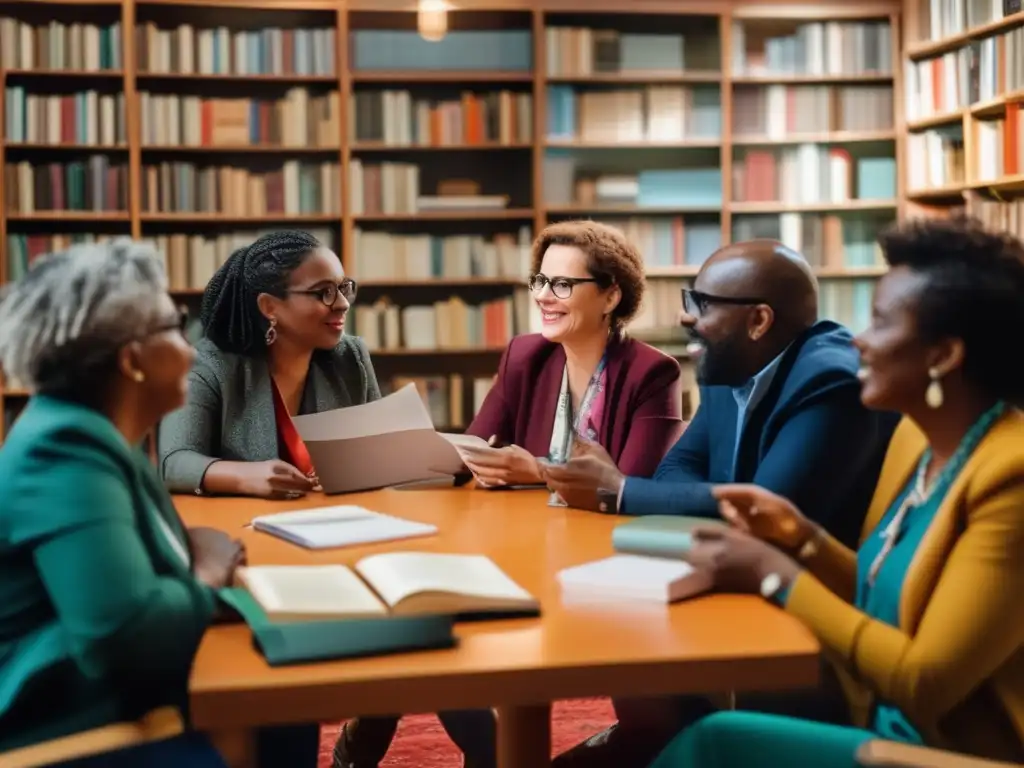 Un grupo diverso de escritores e intelectuales postcoloniales se involucran en una animada discusión en un evento literario moderno, con estantes de libros vibrantes y obras de arte estimulantes en segundo plano