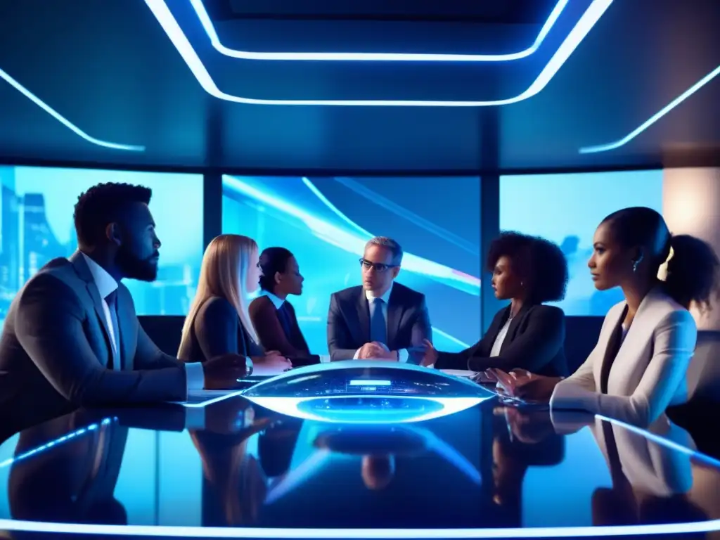 Brillante cumbre empresarial: Estrategia y tecnología en acción Un grupo diverso de estrategas del comercio y economía postcolonial se reúne en una mesa futurista, inmersos en intensas discusiones mientras la iluminación dinámica realza su aura de innovación