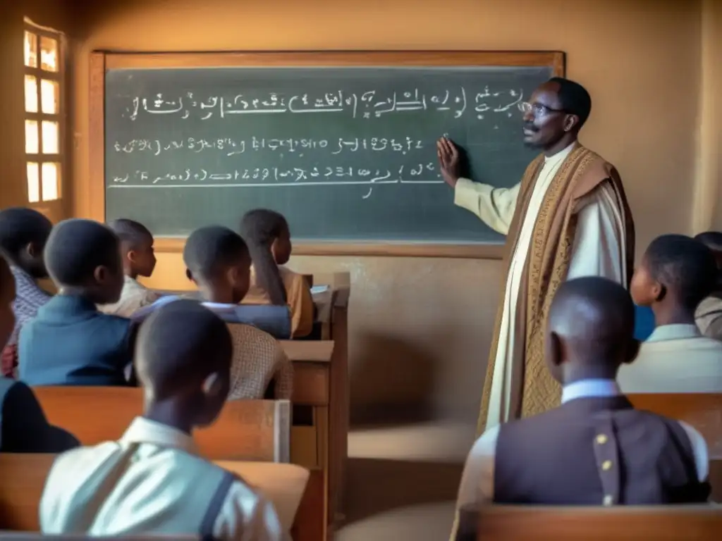 Cheikh Anta Diop enseña a un grupo diverso de estudiantes mientras explica complejas ecuaciones matemáticas y jeroglíficos en una pizarra