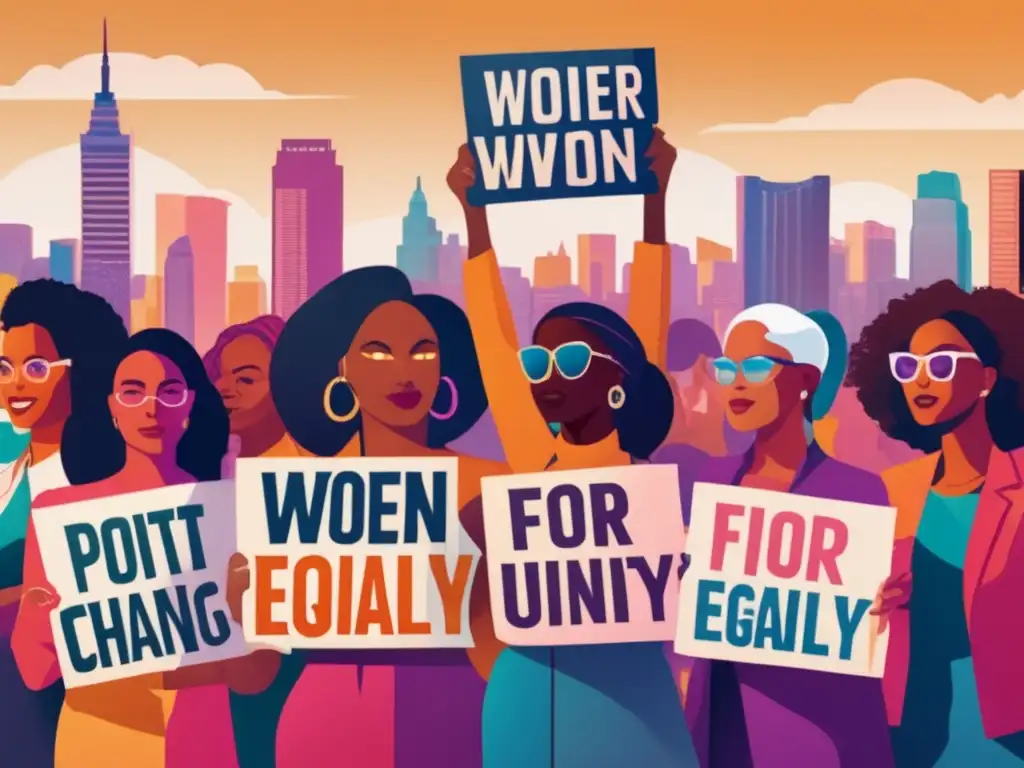 Un grupo diverso de feministas contemporáneas desafían a la sociedad, levantando pancartas con consignas empoderadoras frente a un horizonte urbano