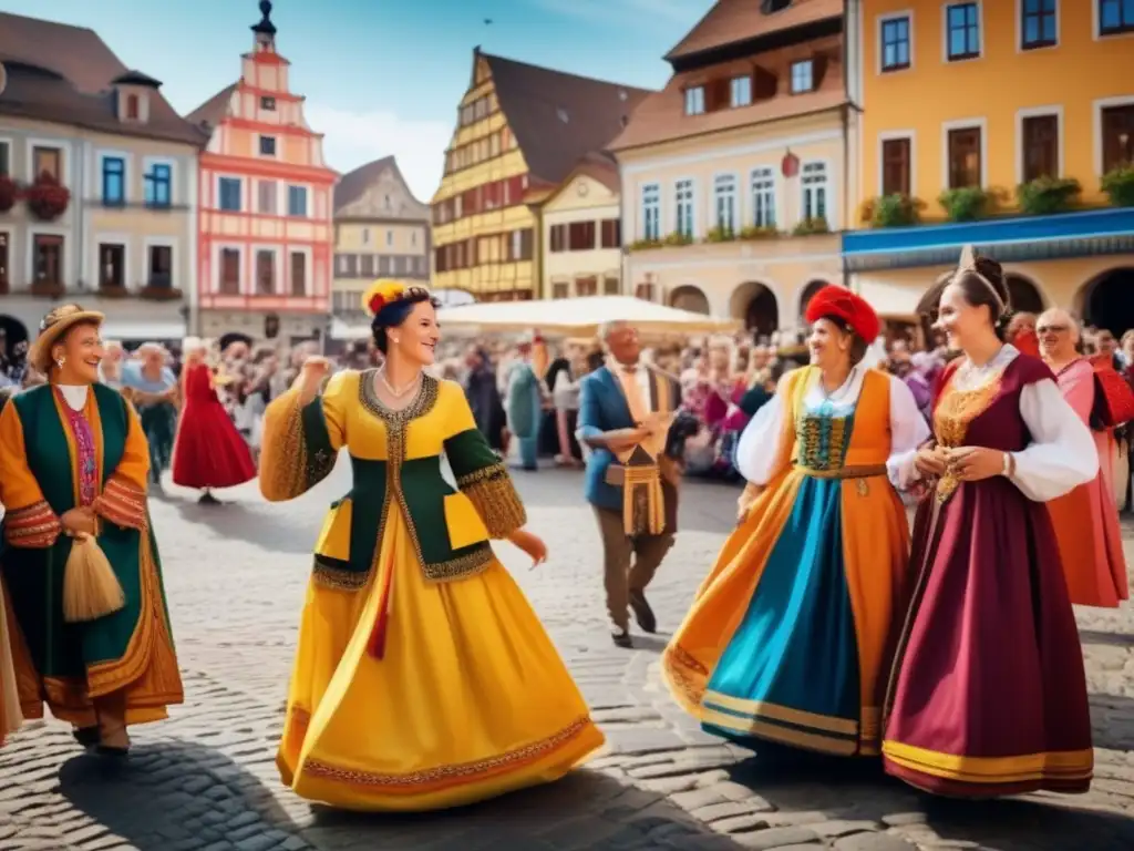 Un grupo diverso disfruta de festividades europeas en una plaza histórica