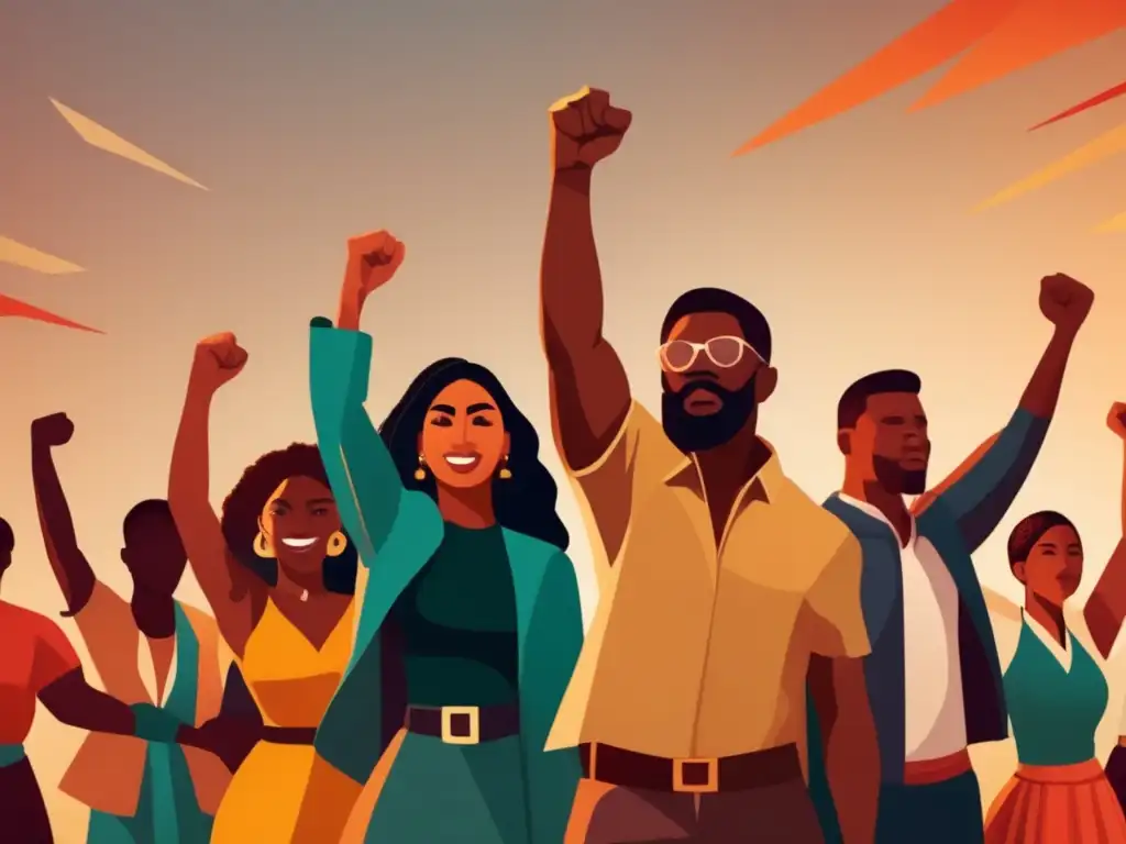 Un grupo diverso de figuras clave en la resistencia al colonialismo se unen con puños alzados en una poderosa y desafiante imagen