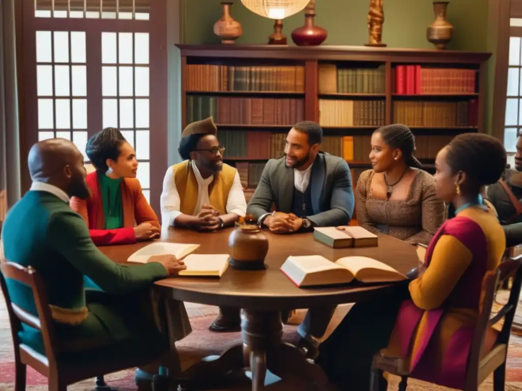 Un grupo diverso de figuras clave en resistencia al colonialismo, debatiendo apasionadamente en una habitación iluminada y llena de historia