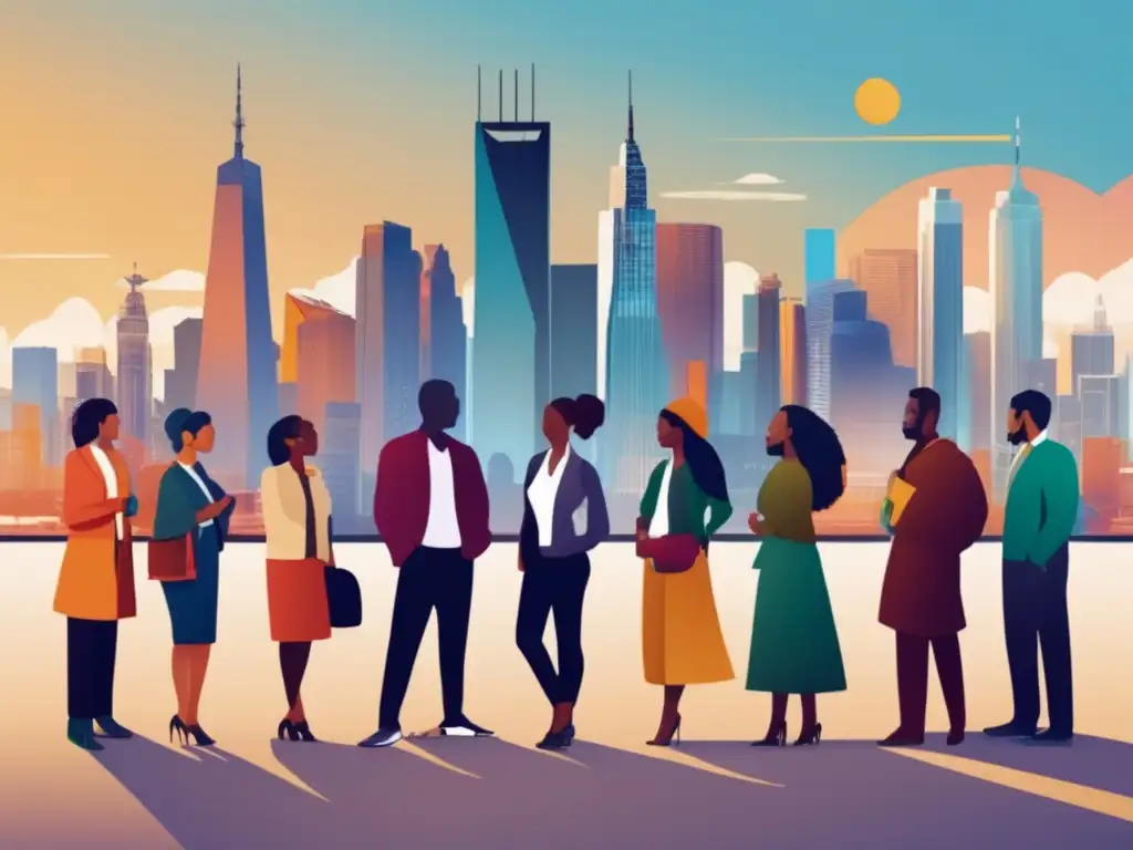 Un grupo diverso de figuras clave construyendo identidades postcoloniales unidas frente al horizonte de la ciudad, simbolizando progreso y diversidad