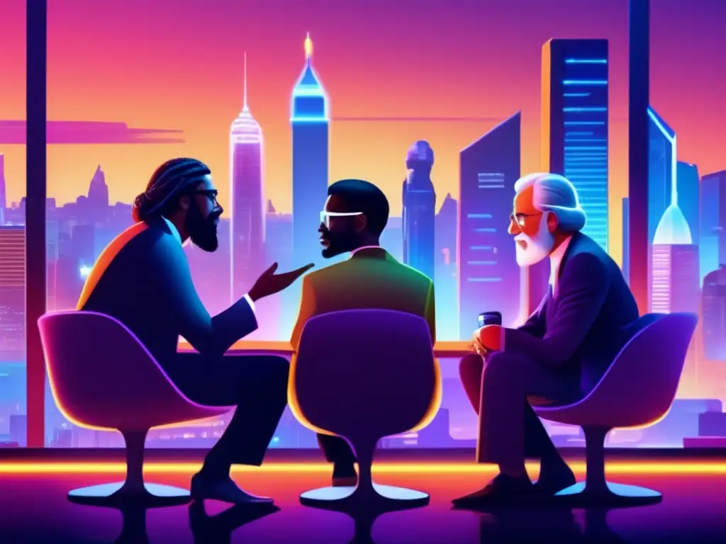 Un grupo diverso de filósofos influyentes inmersos en una animada conversación, iluminados por luces de neón en una bulliciosa ciudad