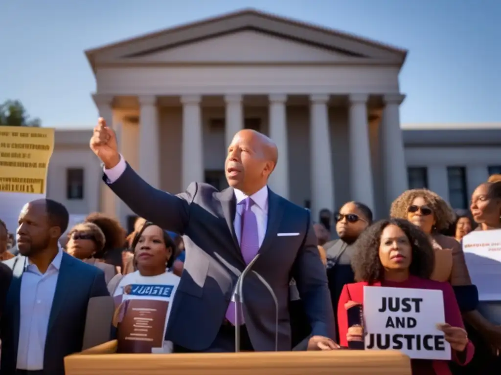 Un grupo diverso rodea a Bryan Stevenson frente a un juzgado, luchando por justicia equitativa