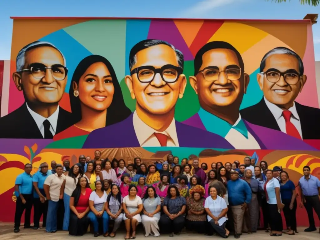 Un grupo diverso frente a mural de justicia y activismo, honrando legado de Oscar Romero defensa derechos humanos