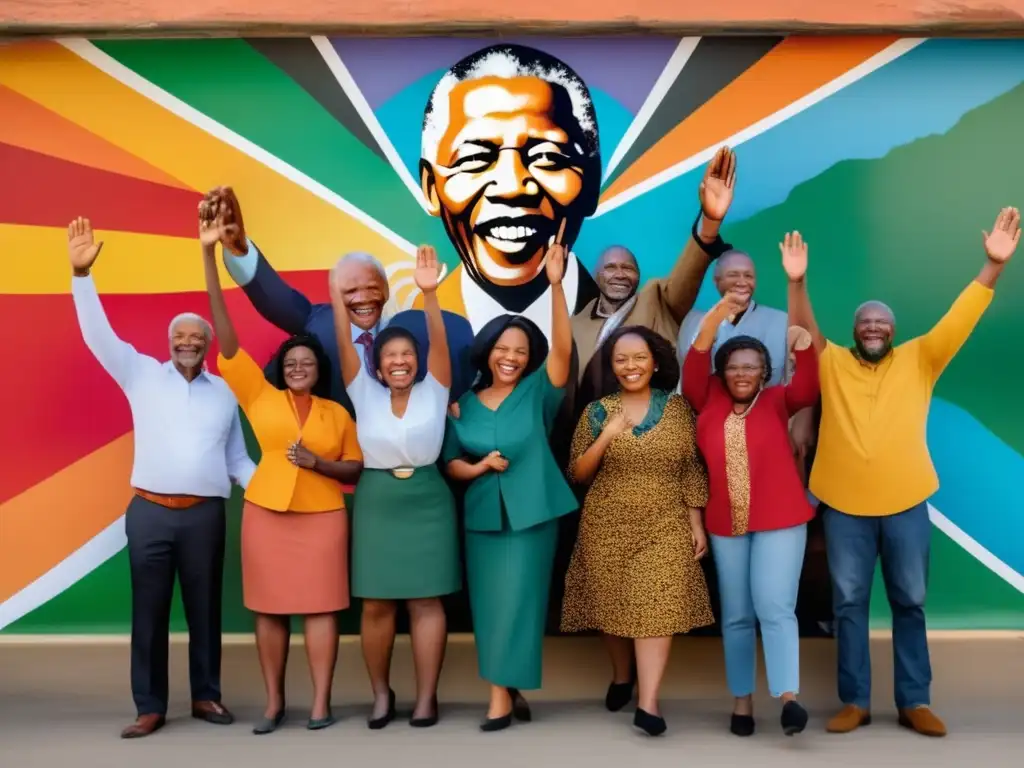 Un grupo diverso se une frente a un mural vibrante que representa el legado de Mandela, la lucha contra el apartheid y el viaje hacia la reconciliación