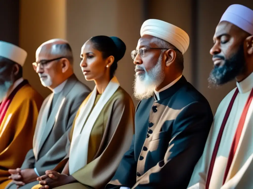 Un grupo diverso de líderes religiosos de todo el mundo se reúne en discusión o oración, vistiendo atuendos modernos pero tradicionales que reflejan sus culturas y creencias