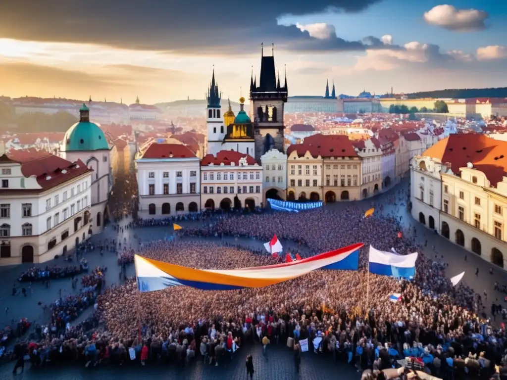 Un grupo diverso de manifestantes marcha por las calles de Praga en protesta, capturando el espíritu de la Revolución de Terciopelo de Václav Havel