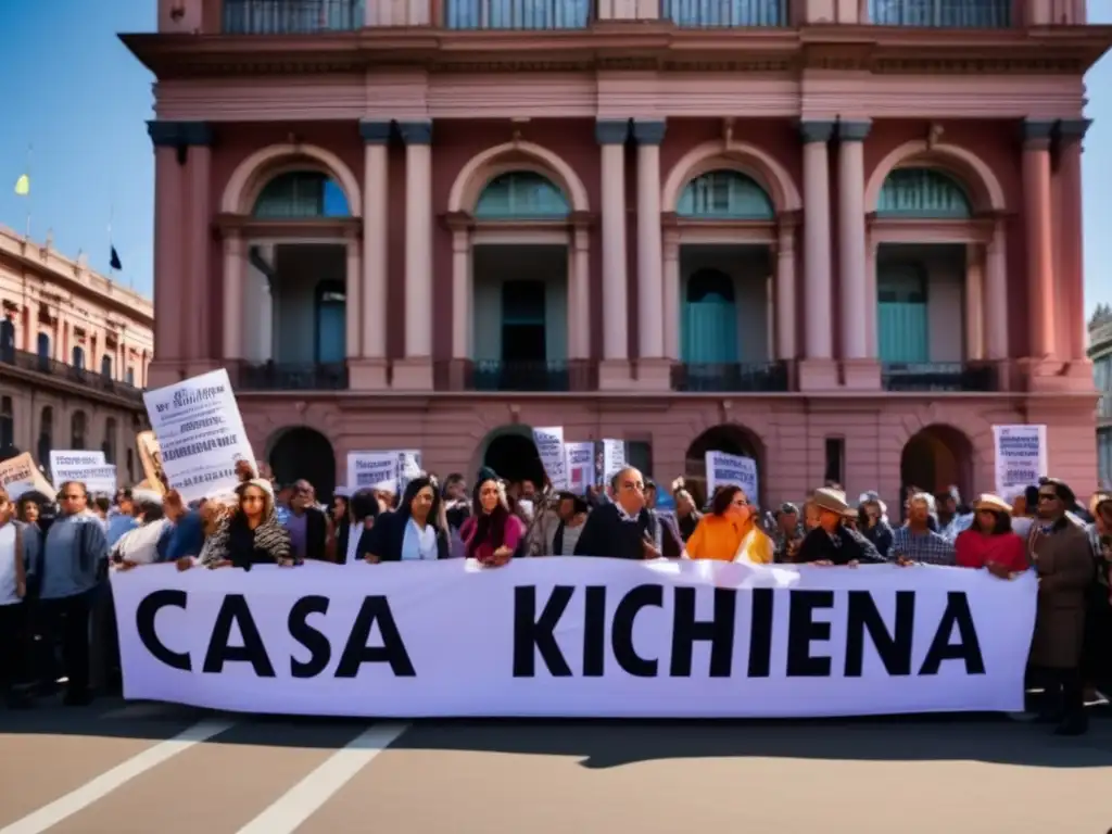 Un grupo diverso de manifestantes frente a la Casa Rosada en Buenos Aires, sosteniendo pancartas con imágenes de Néstor Kirchner