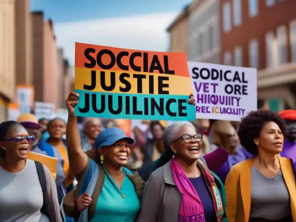 Un grupo diverso marcha por la justicia social, sosteniendo pancartas coloridas con mensajes poderosos