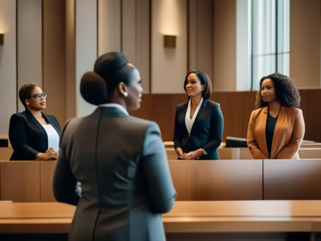 Un grupo diverso de mujeres abogadas y juezas se reúnen en una moderna sala de audiencias, proyectando confianza y profesionalismo