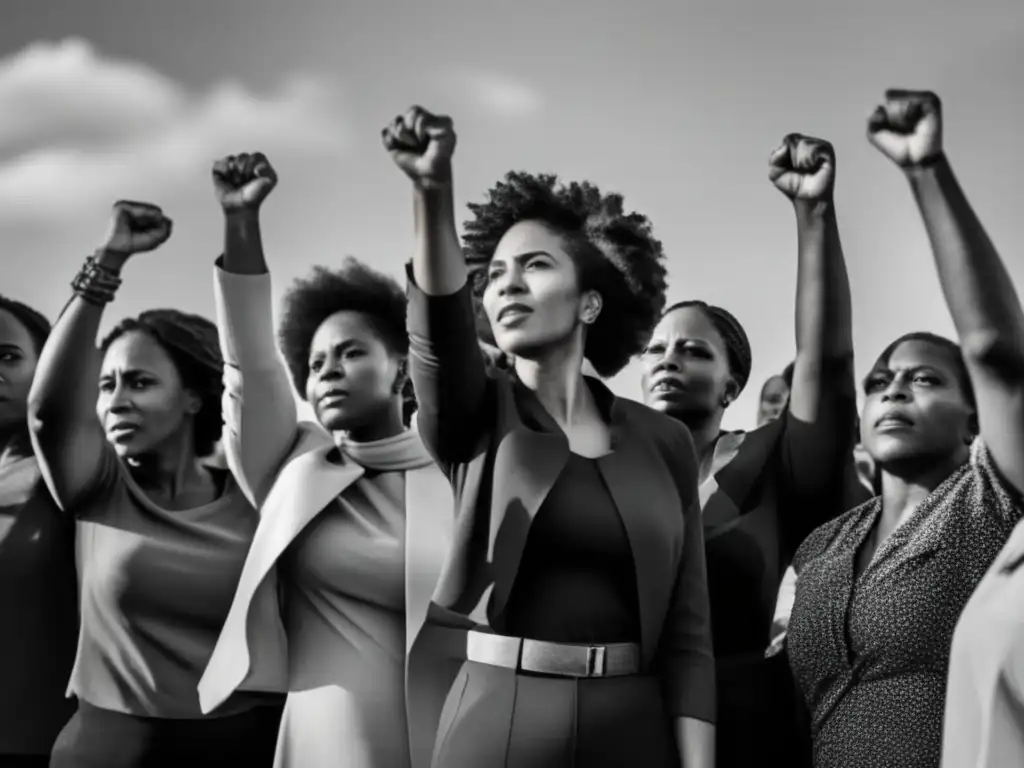 Un grupo diverso de mujeres activistas, unidas con puños en alto, reflejando determinación y esperanza