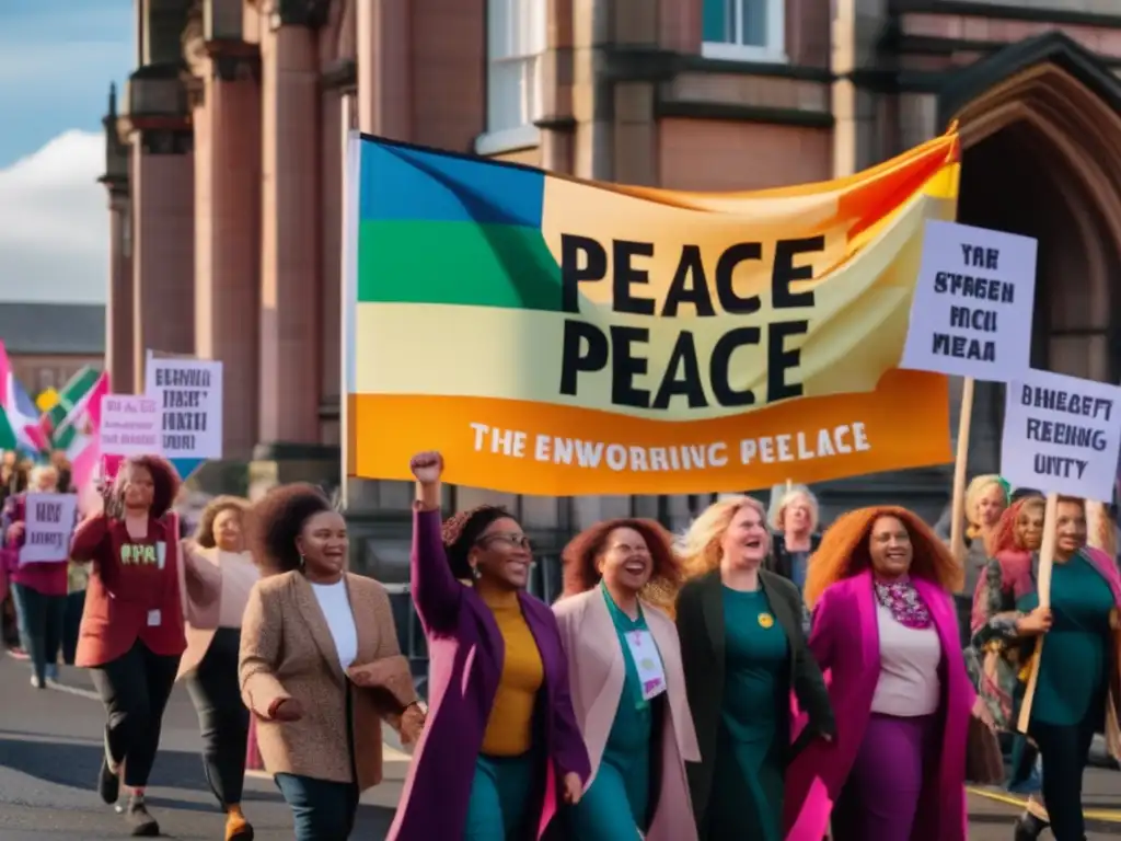 Un grupo diverso de mujeres marcha en las calles de Belfast, Irlanda del Norte, con pancartas coloridas del Movimiento de mujeres por la paz Irlanda, transmitiendo determinación y esperanza