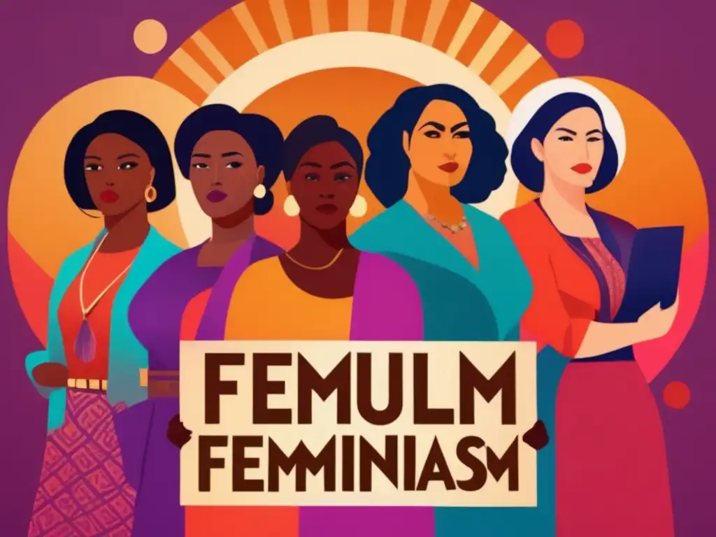 Un grupo diverso de mujeres de diferentes culturas y generaciones se unen en una pose poderosa y determinada, representando la influencia histórica de las madres del feminismo moderno