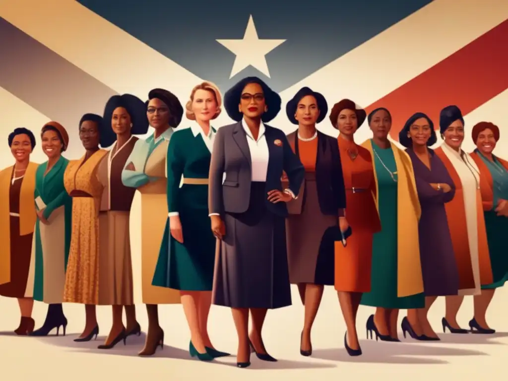 Un grupo diverso de mujeres destacadas del siglo XX, unidas con determinación y fuerza, representando diversos campos en una ciudad moderna y vibrante