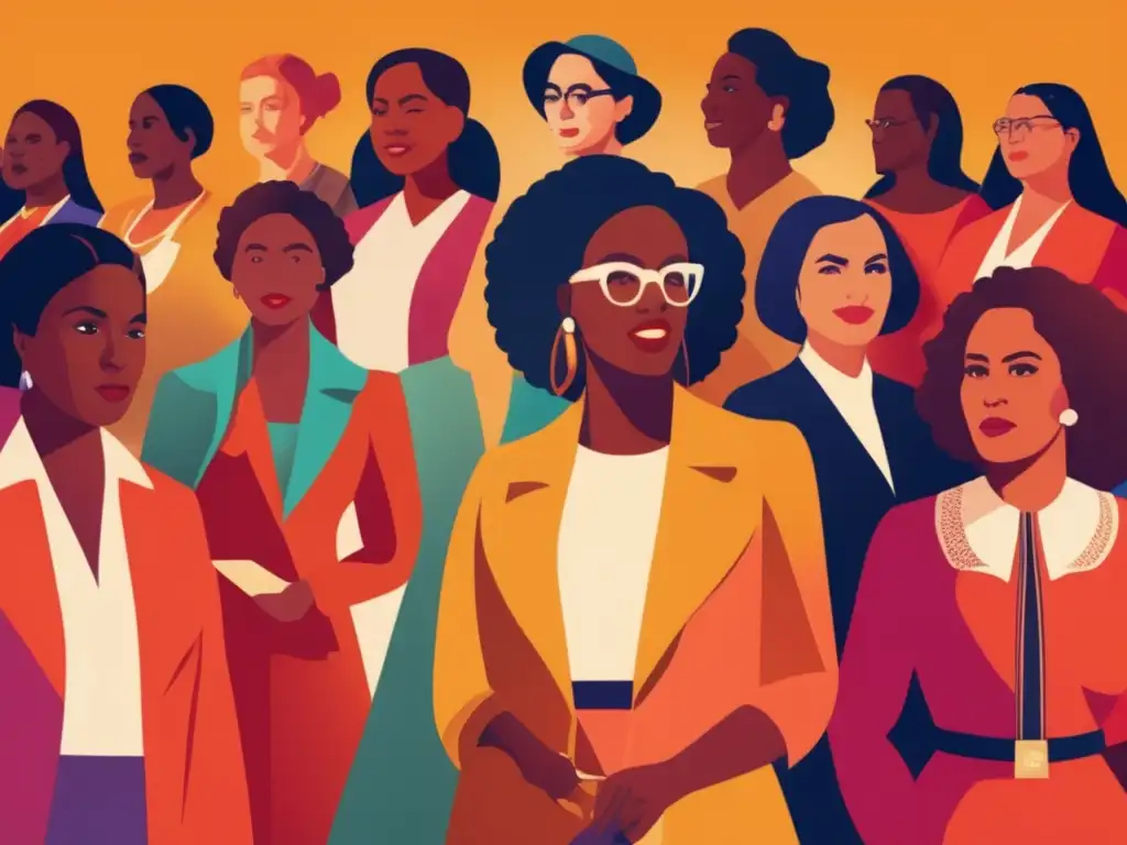 Un grupo diverso de mujeres en diferentes épocas históricas, liderando rallies, en puestos políticos y como escritoras, artistas o científicas