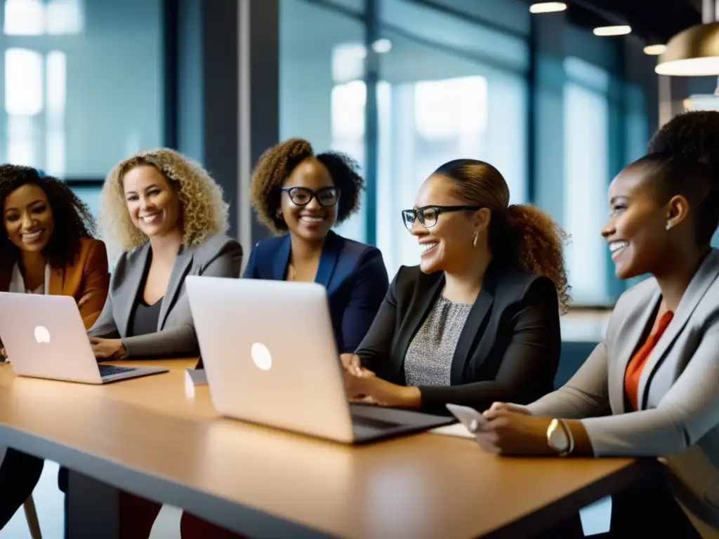 Un grupo diverso de mujeres colaborando en un espacio tecnológico, mostrando liderazgo y profesionalismo