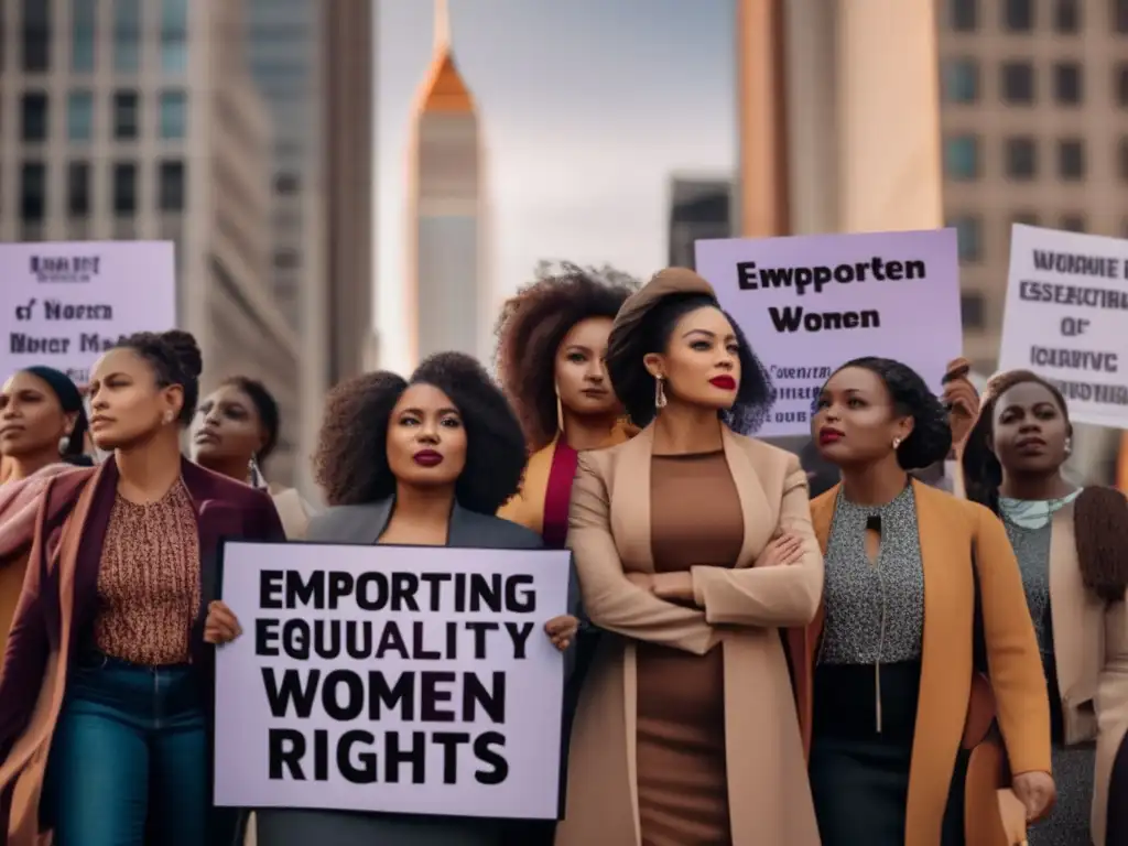 Un grupo diverso de mujeres fuertes y determinadas sostiene pancartas con mensajes empoderadores en una ciudad bulliciosa