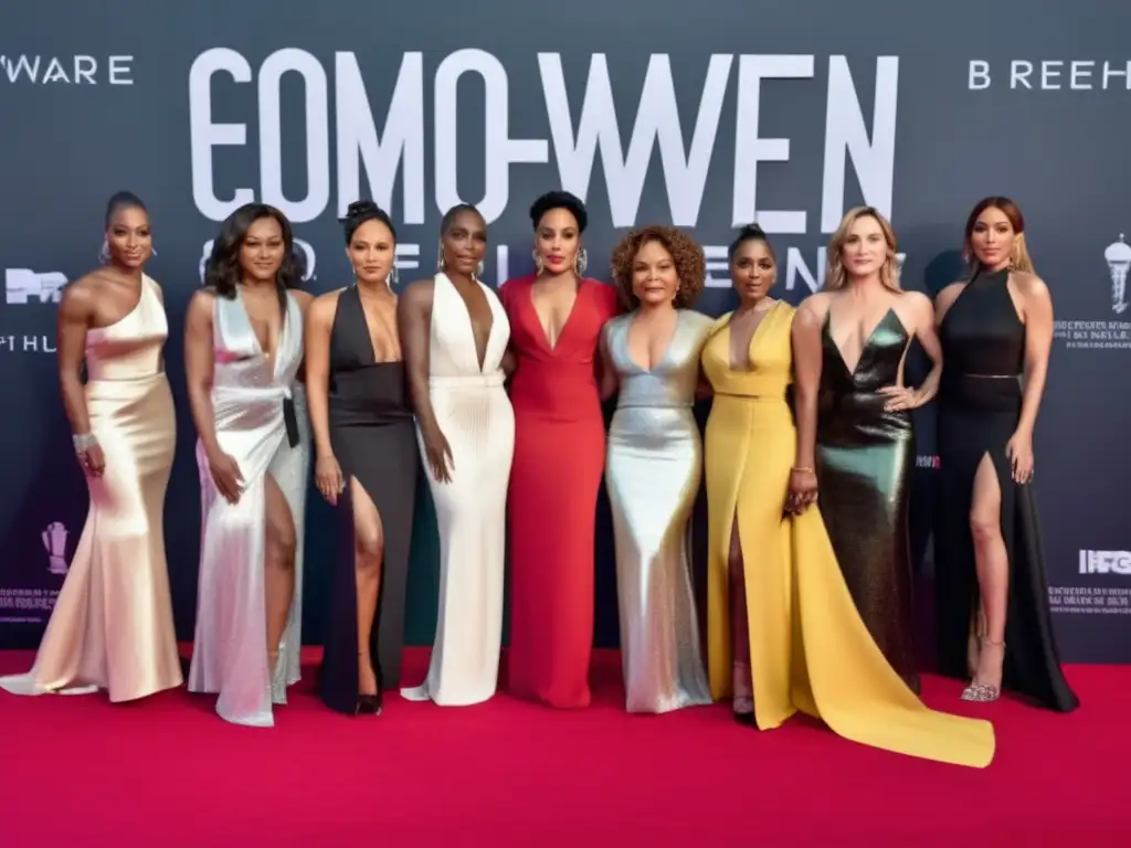 Un grupo diverso de mujeres influyentes en la historia del cine posan con confianza en la alfombra roja, exudando determinación y empoderamiento